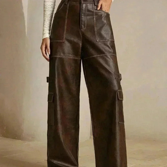 Coffee Brown Casual Women's Merlot Vintage Distressed Faux Cargo Pants - Picture 2 of 6